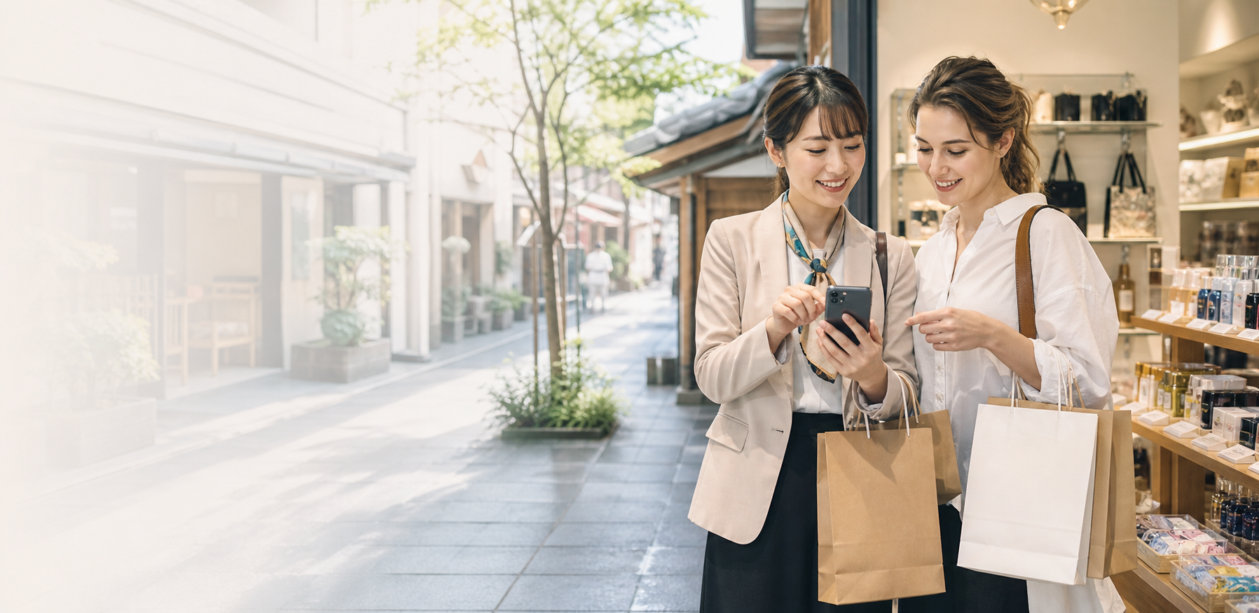 A shopping proxy assistant helping an overseas customer in a Japanese shop